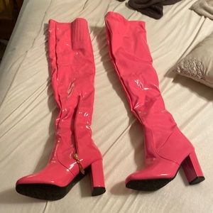 NWOT. Patent leather hot pink over the knee boots.